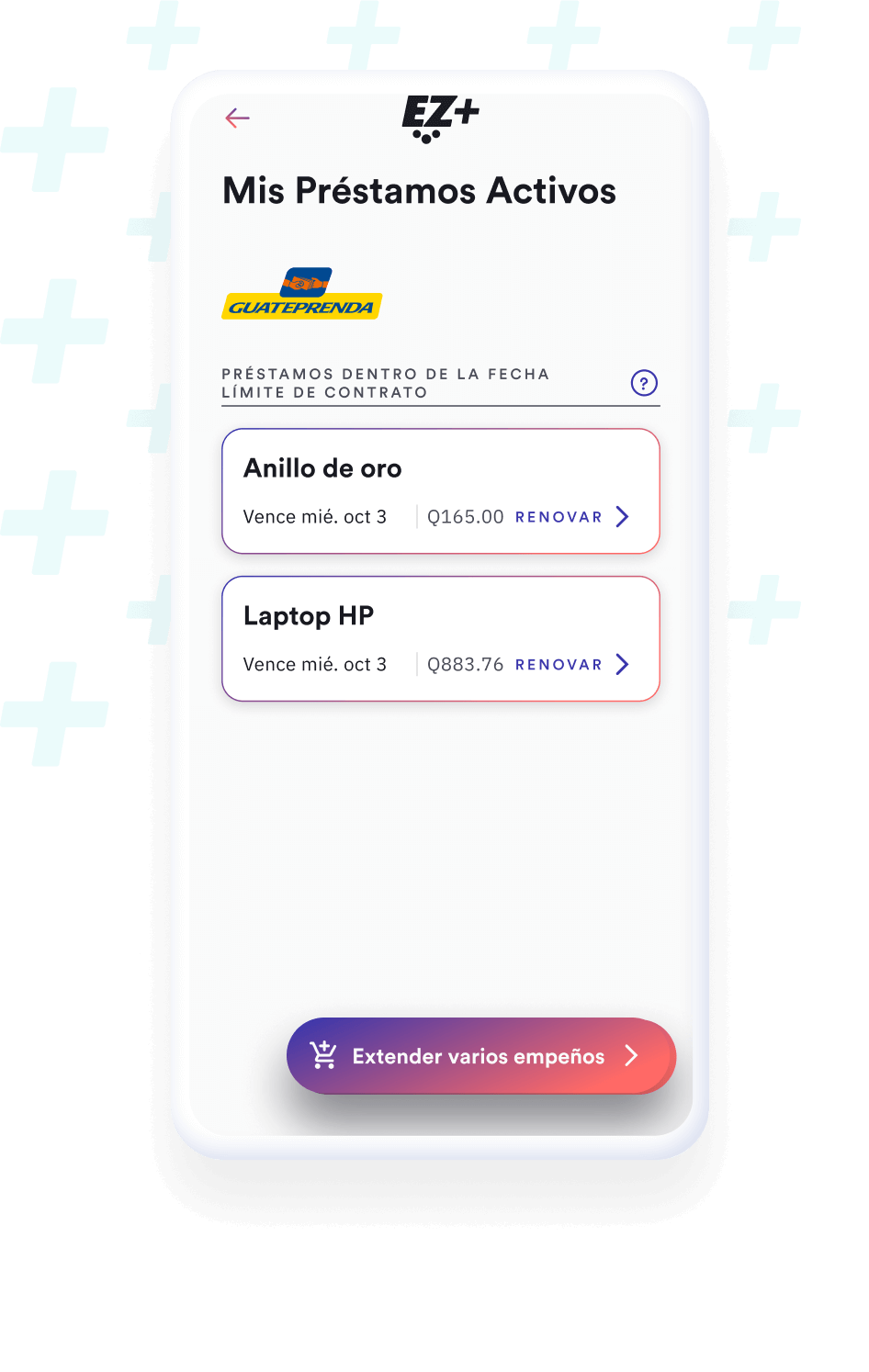 Pantalla de empeños activos con detalles de artículos y fechas de vencimiento de contratos.